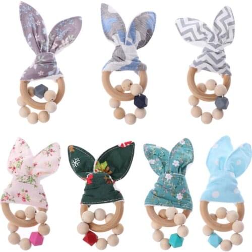 Christmas Baby Boy Bunny Ear Teether Safe Organic Wood Teething Ring 7 Color Choice Shower Gifts Nov-12A