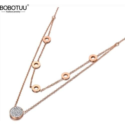 BOBOTUU Titanium Stainless Steel Double Layer Choker Necklaces Clay Rhinestone Geometry Circle Necklace For Women Girls BN20003