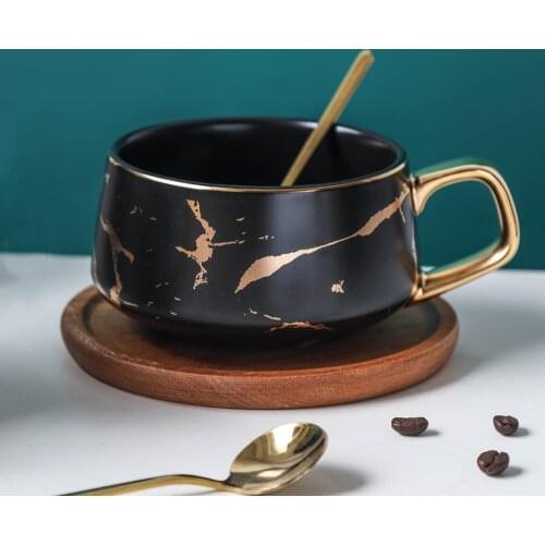 MUZITY Ceramic Coffee Mug with Lid Porcelain Tea Cup and Wooden Saucer Special Marble Golden Design Mug