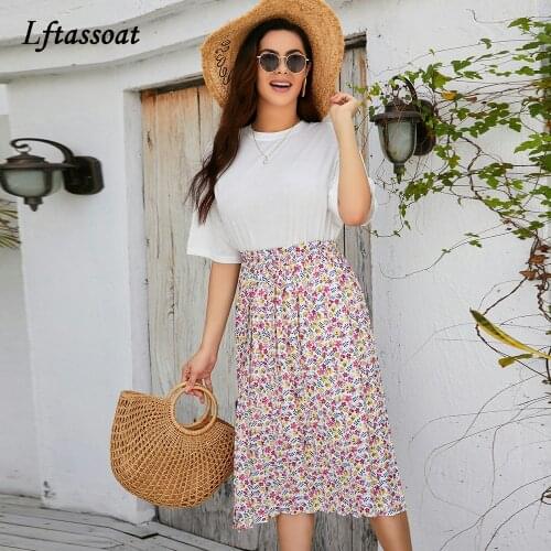 Summer Skirts Womens 2021 New Vintage Floral Print Chiffon Pleated Skirt Elastic High Waist Casual Midi Skirt Women Clothes