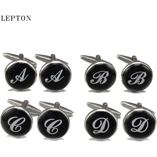 Lepton Black Letter A to Z Cufflinks For Mens Round Silver Color Letters cuff links Men shirt cuffs Cufflink Relojes gemelos