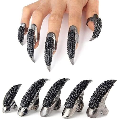 Halloween Costume Paw Fake Nail Black Knuckle Rings Set Gothic Punk Full Finger Metal Cover Fingertip Claw Rings Fake Nails