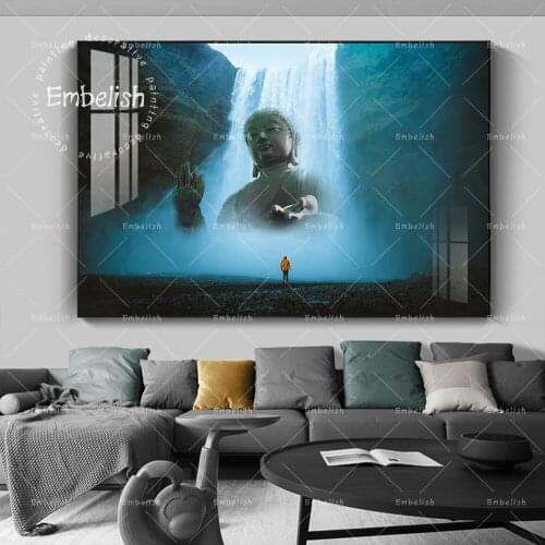 1 Pieces Waterfall And Buddha Zen God Wall Art Pictures For Living Room HD Print On Canvas Painting Home Decor Posters Artworks