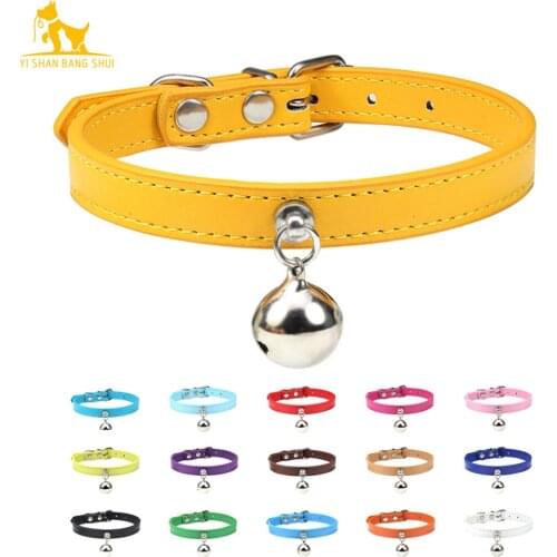 16 Colors Solid Leather Cat Collar With Bell Puppy Neck Strap Safety Kitten Collars Chihuahua Necklace Cat Accessories XS/S/M