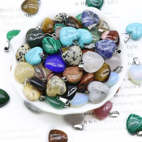10pcs 16*16mm Heart Pendants & 10pcs Leather Rope Natural Stone Pendants Necklace Healing Energy Pendulum For Jewelry Making