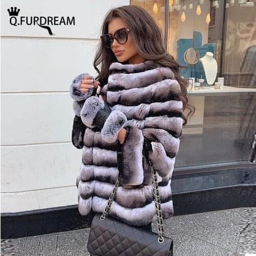 Q.FURDREAM Winter Women Real Rex Rabbit Fur Coat Natural Fur Jacket Chinchilla Bat Sleeves Stripe Warm Temperament Outerwear