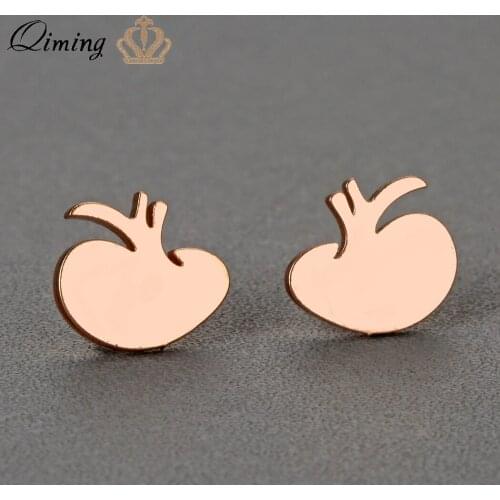 QIMING 2020 New Arrival Tiny Kidney Earrings For Women Gold Silver Stainless Steel Jewelry Fruit Apple Stud Earrings Girls Gift