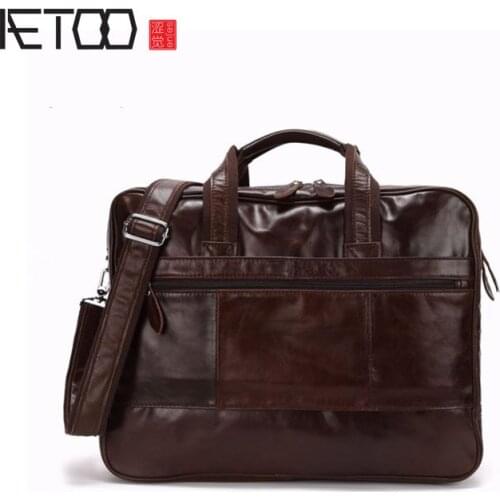 AETOO Oil wax top layer cowhide messenger bag, large-capacity retro travel bag, leather shoulder bag crazy horse leather handbag
