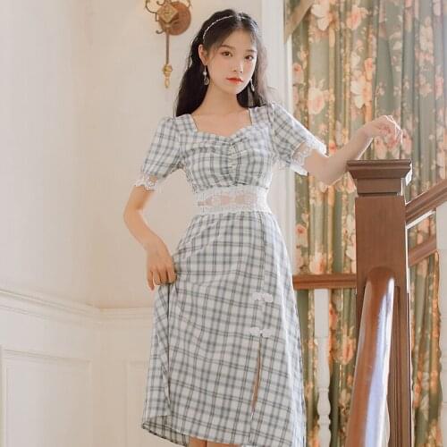 Vintage Elegant Style Dress Women 2021 Short-Sleeved Vestido Summer New Sweet Hollow Lace Stitching Plaid Dresses Female