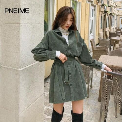 Spring New Womens Lace-up Jacket Woman Korean Retro Long-sleeved Dress Corduroy Waist Was Thinner Mid-length Shirt Woman Blouse