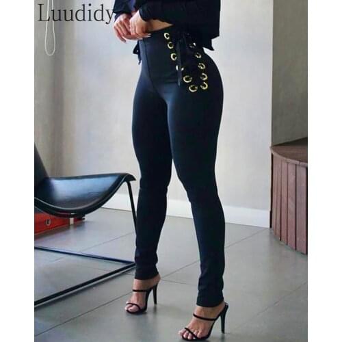 Women High Waist Eyelet Lace-up Tied Detail Skinny Pants
