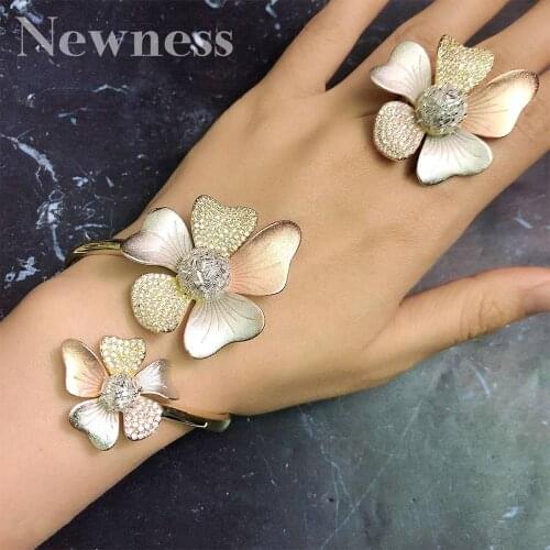 Newness Luxury 3Tone Flower Nigeria Bangle Ring Set For Women Wedding Cubic Zircon Crystal CZ Dubai Bridal Jewelry