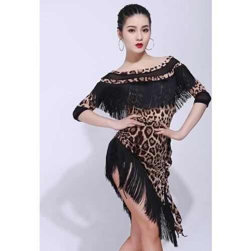 New Latin Dance Set Tops+Skirt Fringe Dress Sexy Leopard 2019 Stage Clothes Adult Latin Competition Dress Tango Dress VDB263