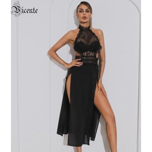 VC Dress Sexy Black Lace Stitching Waist Hollow Sleeveless Halter Side Slit Mid-length Ladies Skirt