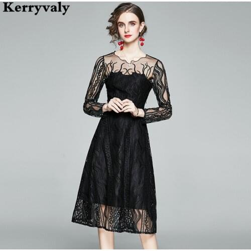 Spring 2021 Black Lace Long Sleeve Embroidery Midi Office Women Dress Robe Femme T 2021 Vestidos Ropa Mujer Talla Grande K8704