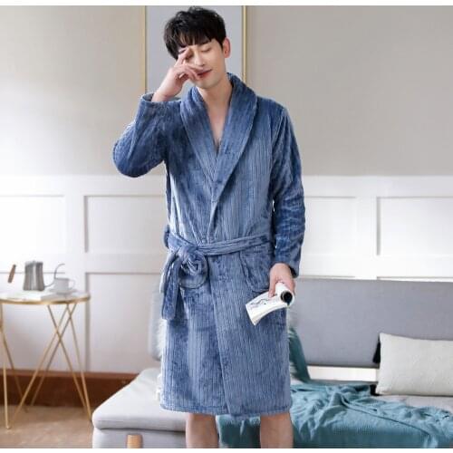 Winter Men Flannel Bath Robe Kimono Robe Gown Comfortable Keep Warm Sleepwear Nightwear Casual Soft Intimate Bathrobe Gown