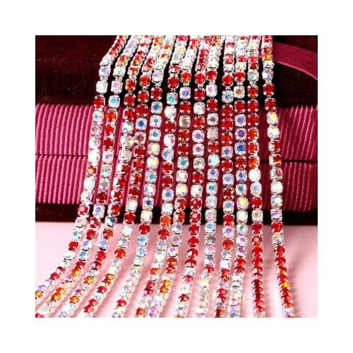 5yard/piece Mix red color Glass Crystal sew on rhinestones Chain silvery bottom Diy Clothing accessories SIJISHUIZUAN
