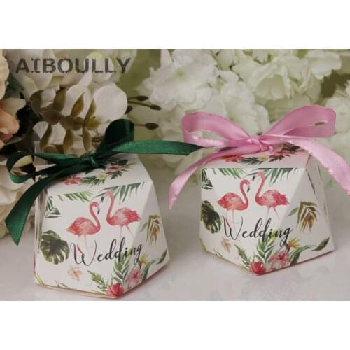 50pcs Flamingo forest Green Leaves Flower Candy Box chocolate gift boxes wedding souvenirs Birthday Party Supplies Decoration