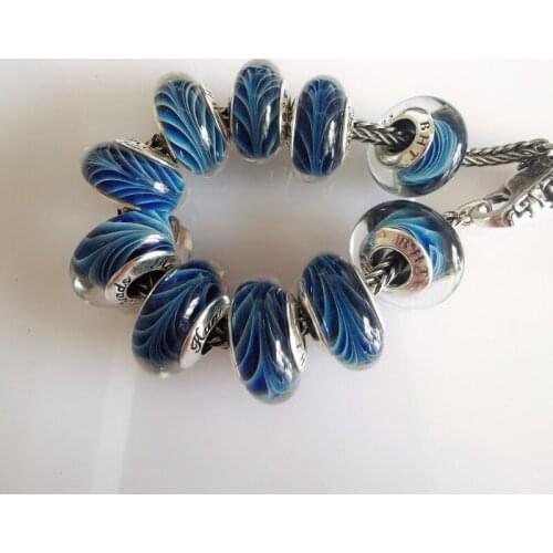 925 Sterling Silver Blue Strip Murano Glass Beads Fit Original Charm Bracelet Glass Lampwork Beads for Jewelry Making DIY Beads