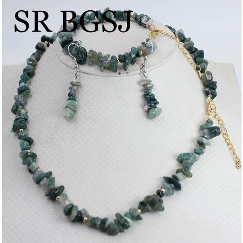 Free Shipping 6-8mm Green Moss Agat Natural Gems Women Chockers Necklace Bracelet Jewellry Set 17.5" 7-8"