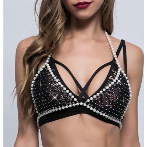 Women Sexy Grid Pearl Rhinestone Halter Bra Tops Nightclub Bar DS Stage Bellydance Costume Female Bra Underwear