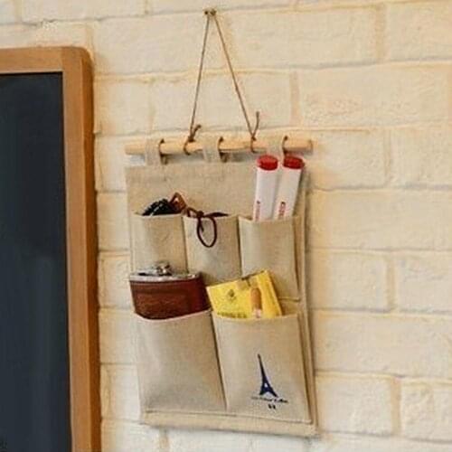 Home Organizer 5 Pockets Eiffel Tower Cotton Linen Wall Hanging Storage Bag