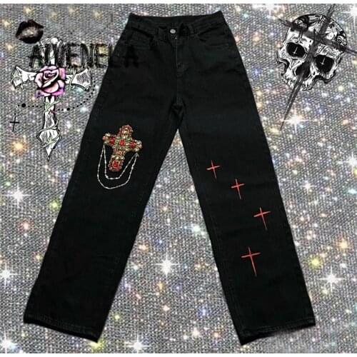 Harajuku Rhinestone Cross Jeans Pants Y2K Girl Cool Gothic Fashion High Waist Pant AFC955