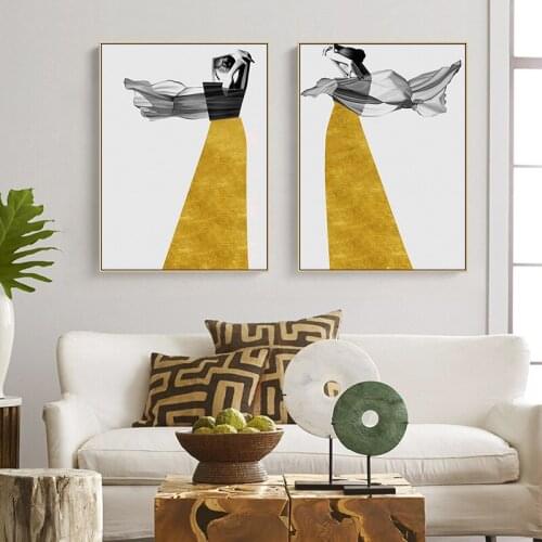 Creative Geometric patchwork a beautiful woman yellow skirt modern decorative Picture Canvas Wall Art Poster for room hotel deco