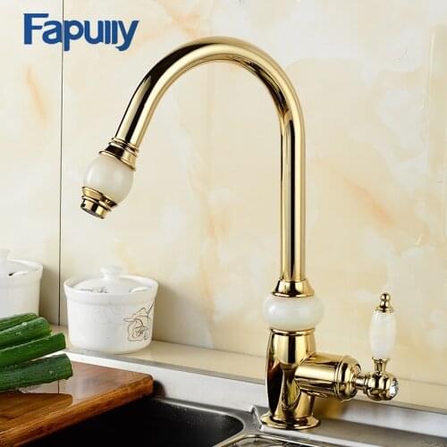 Fapully Gold Kitchen Mixer Pull Out Spray Head Faucet Jade Crystal Handle Deck Mounted Kitchen Taps Brass Sink Body Mixer 549-33