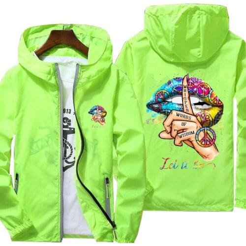 Lips Leopard Graphic Jacket women Autumn reflective zipper Windbreaker waterproof Jackets men street casual Hooded thin Coats