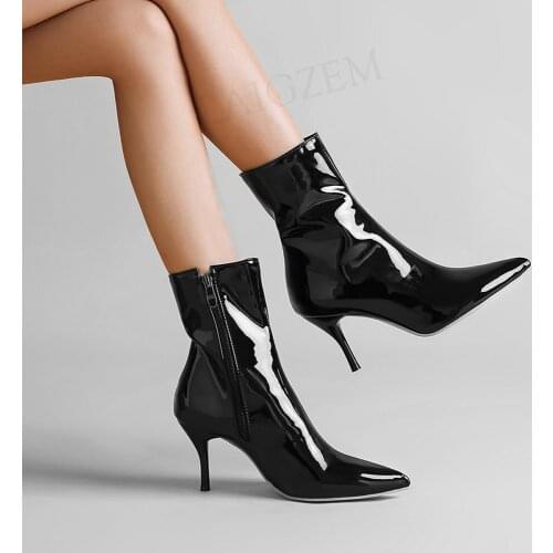 LAIGZEM FASHION Women Ankle Boots Mid Heels Boots Side Zip Shiny Shoes Woman Botas Schoenen Dames Large Size 32 36 37 38 39 47
