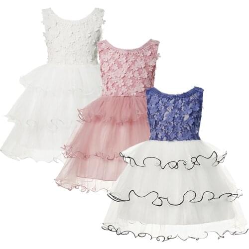 Summer Toddler Girls Lace Cake Dress Kids Sleeveless Floral Mesh Wedding Dresses Children Clothing For Baby Girls