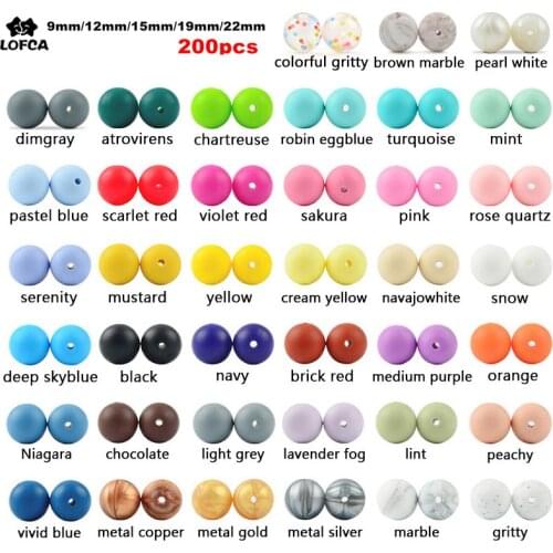 LOFCA 200pcs Silicone Beads Food Grade Round 9mm 12mm 15mm 19mm 22mm Baby Teething Toys DIY Baby Pendant Necklace Silicone Teeth