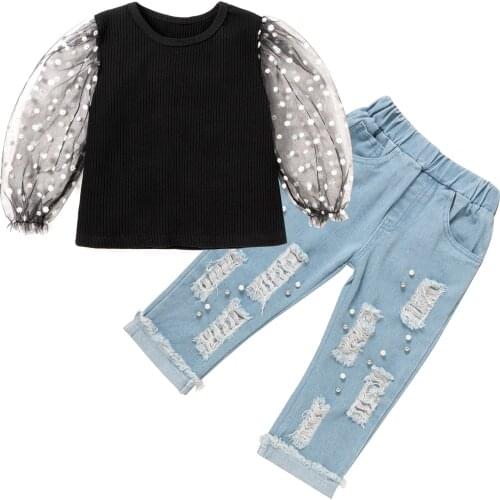1-6Y Fashion Autumn Kids Girls Clothes Sets 2pcs Flowers Mesh Long Puff Sleeve Tops+Hole Pearl Denim Pants
