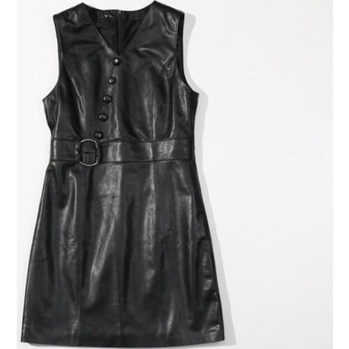 2020 New Style Women Slim Genuine Leather Dress V-Neck Sleeveless