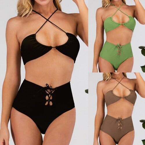 2020 new womens drawstring bikini sexy high waist solid color split swimming suit European and American hot sale beach bikini