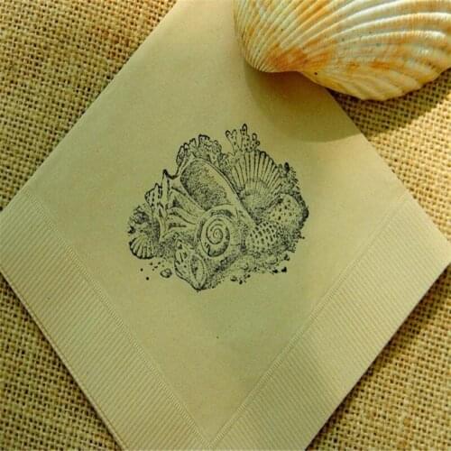Personalized Cocktail Napkins Rustic Beach Shell Wedding Decor Nautical Seashell Cluster in Light Burlap Paper Wedding 3 Ply