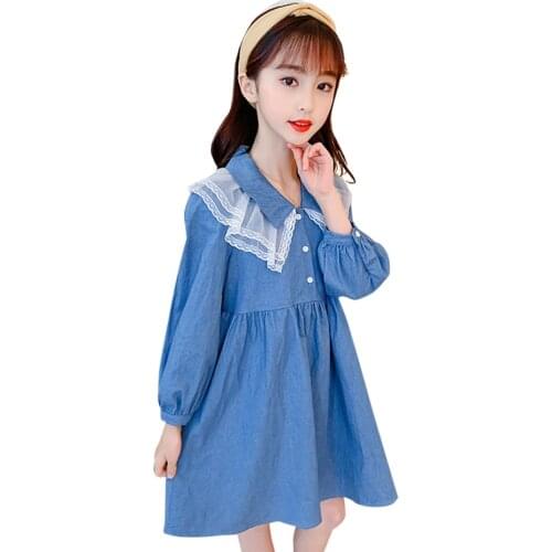 Dress Girl Solid Color Kids Denim Dresses For Girls Casual Style Dress For Children Spring Autumn Childrens Clothing 6 8 10 12