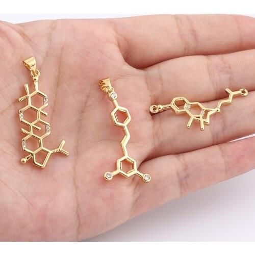 1 Piece Hollow Chemical Formula Pendants Gold Color With Clear Cubic Zirconia Cute Charms For DIY Necklace Pendant
