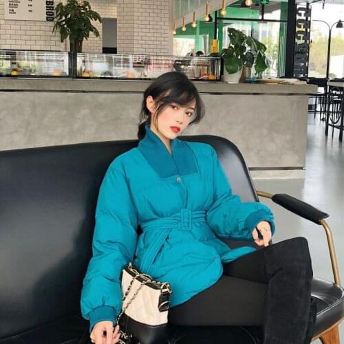 Down Cotton Womens Short Coat Winter New Korean Fashion Slim Cotton Coat Ladies Winter Jacket With Belt Mujer Abrigos f2272