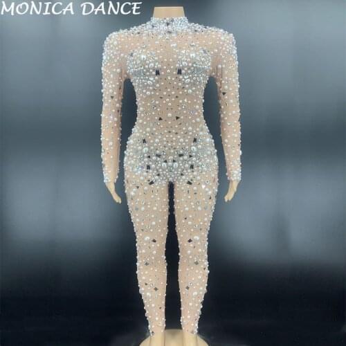 Sexy Stage Jumpsuit Silver Mirror Rhinestone Pearl Transparent Jumpsuit Birthday Celebrate Net Yarn Outfit Women Dance Jumpsuit