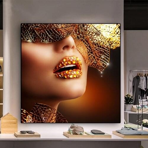 Nordic Golden Woman Canvas Painting Sexy Lips Posters and Prints Scandinavian Wall Pictures for Living Room Decor