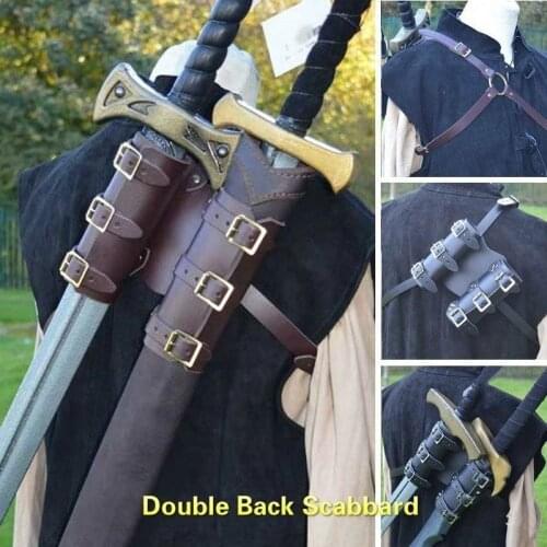 Medieval Knight back Double scabbard Shoulder Strap Sword Holder Sheath Scabbard Frog Leather Kit Gear Weapon Costume