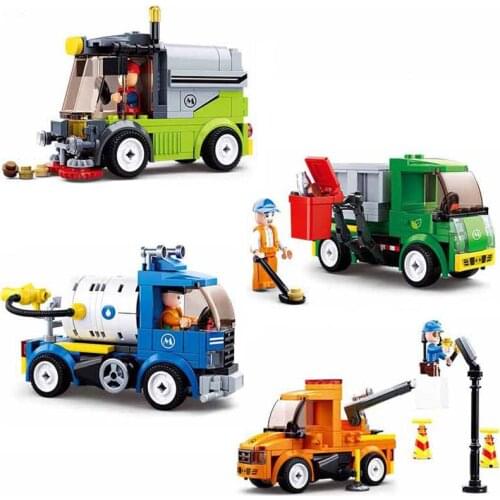 SLUBAN 4Pcs/Lot Road Sweeper Garbage Truck Sprinkler Street Lamp Maintenance Vehicle MOC Building Blocks Bricks Classic Model