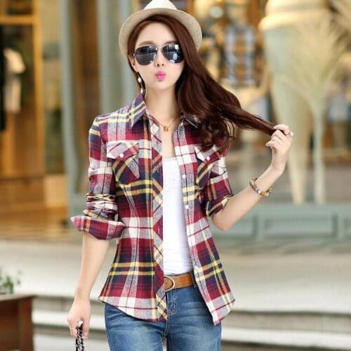 Women Blouse Plaid Long-Sleeved Spring Autumn Cotton Top Shirt Coat Blusas Mujer De Moda