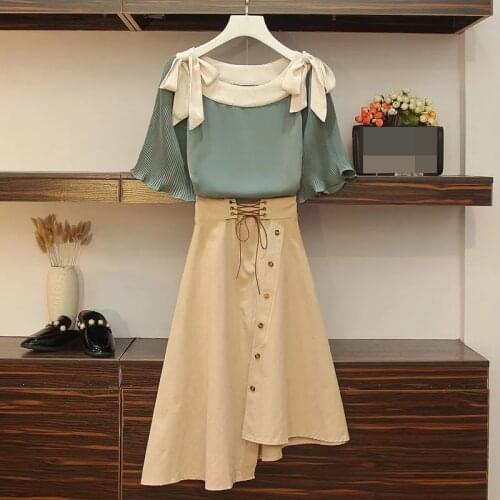 The big size womens 2021 summer fat sister fashion set with lotus leaf-side chiffon top skirt skirt two-piece set