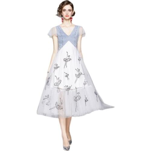 Simgent Denim Luxury Dress Women Summer Patchwork Mesh Embroidery V-Neck Midi Dresses Robe Femme Vestidos Dames Jurken SG15114