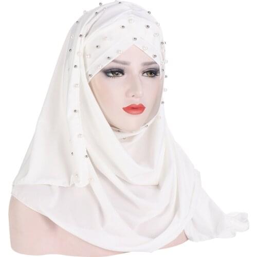 2021 New Fashion Elegant Milk Silk Monochrome Scarf Hat Large And Small Nail Beads Two Piece Set For Malaysian Muslim women