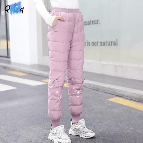 Qunq Winter Girl Down Pant Cute Cat Print High Waist Kids Trousers for Girl 3 4 5 6 7 8 9 10 11 12 Year Children Thick Warm Pant