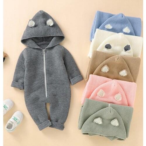 Baby Clothing 2021 Autumn Winter New Three-dimensional Ear Zipper Knitted Infant Romper Long-Sleeve Hooded Baby Romper 0-3 Years